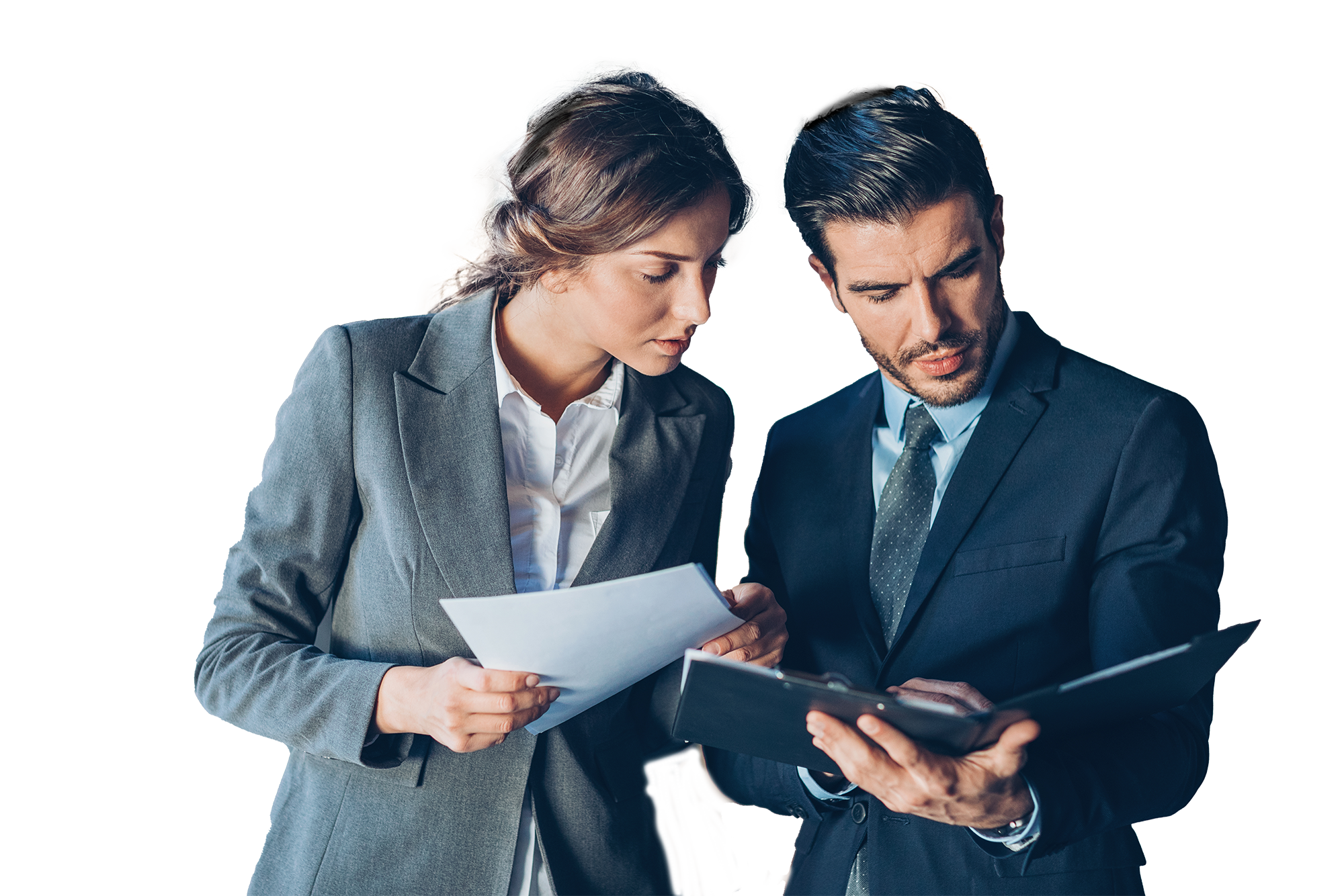 man and woman looking at papers