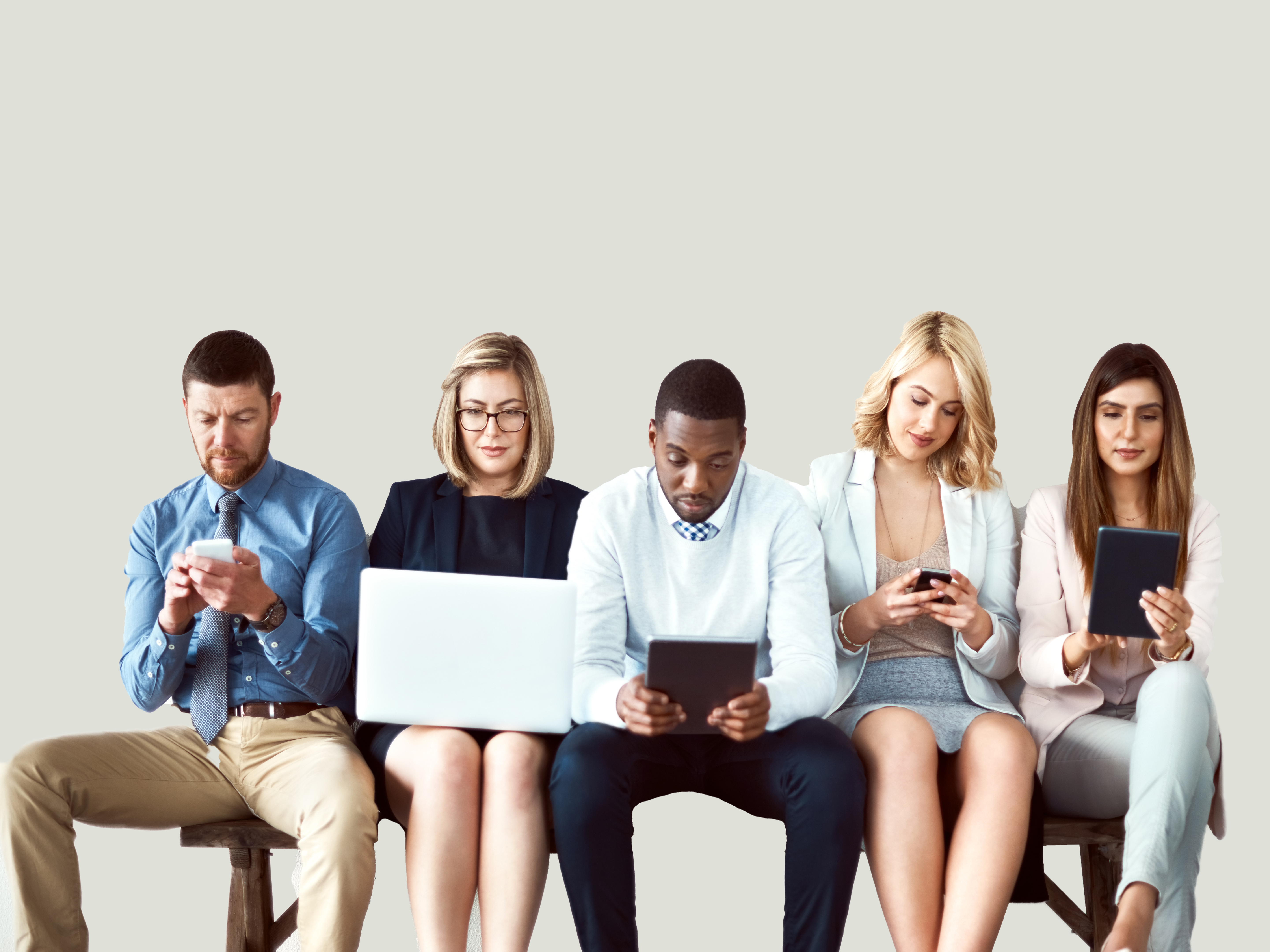 group of people using laptops, tablets and mobiles